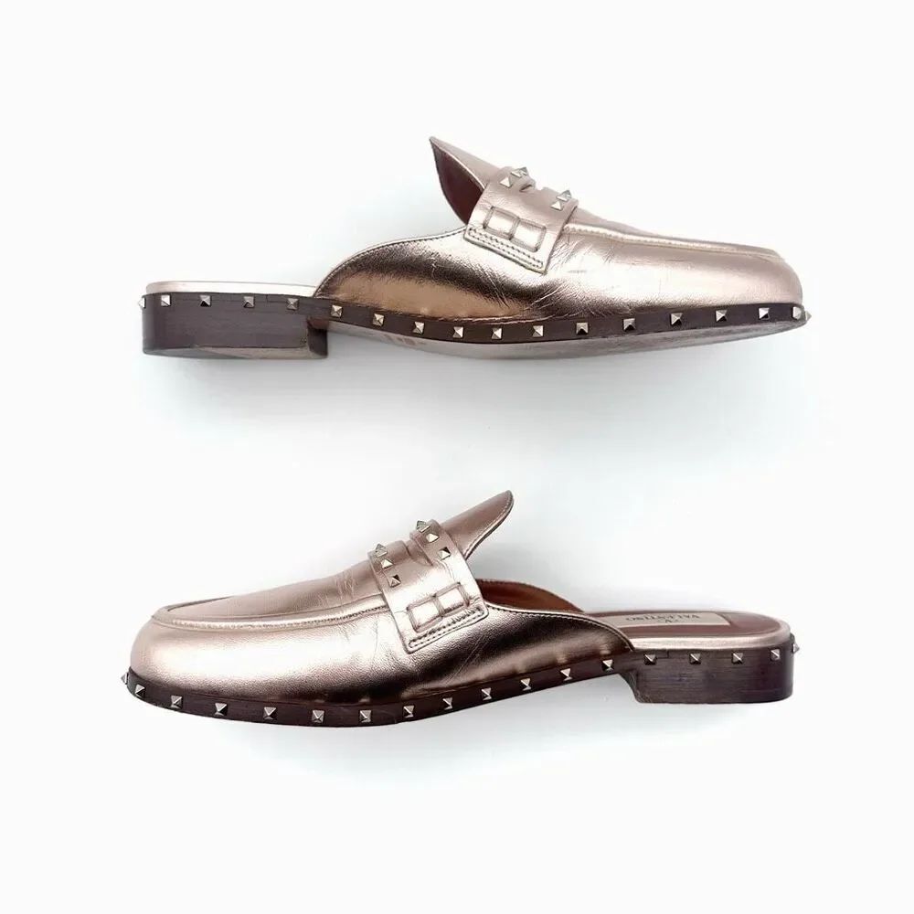 VALENTINO Metallic Rose Gold Soul Rockstud Mules Loafers Size 37 US 7 Micro Stud - Picture 9 of 11